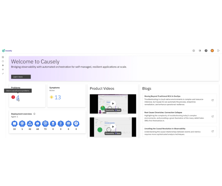 Dashboard for Causely showing a welcome message, issues, symptoms, deployment overview, product videos, and blogs.