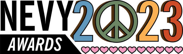 AWARDS 2023 graphic with a peace sign replacing the zero and a row of pink hearts below.