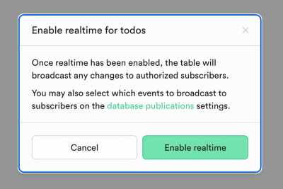 A dialog modal, turning on realtime for a table