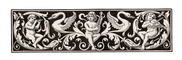 Decorative page line featuring swans and musicians