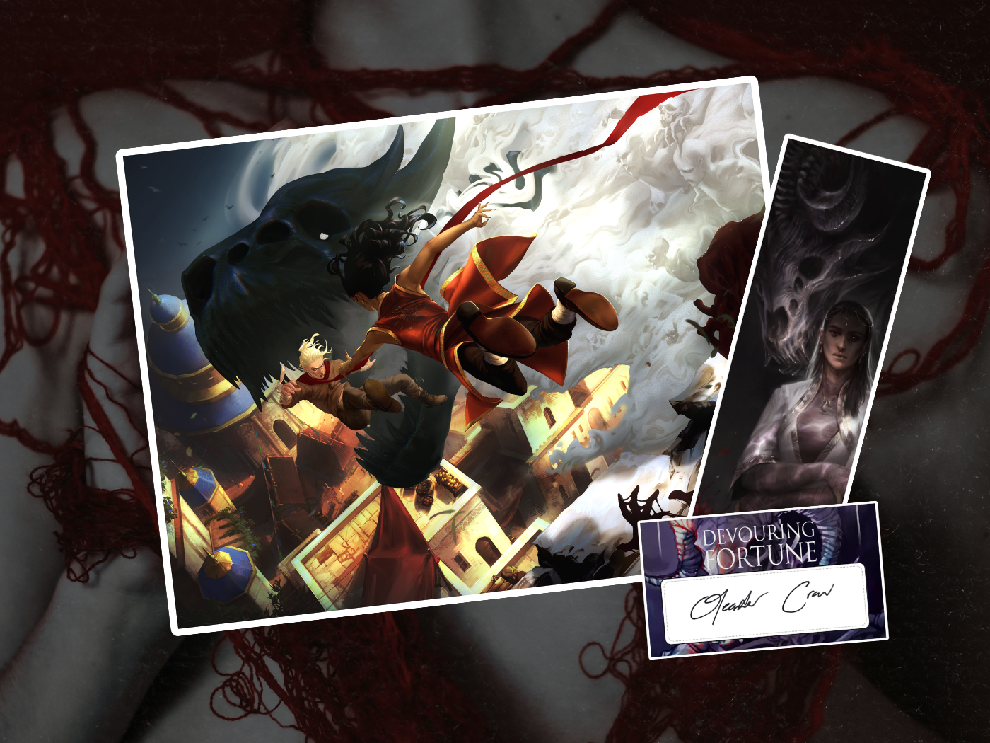 Mockup of the preorder swag featuring an art print, bookmark and signed bookplate