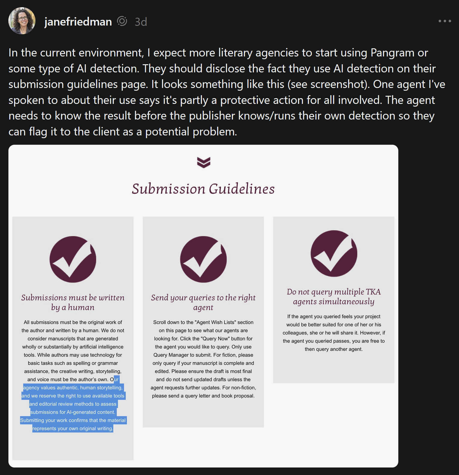 A screenshot from threads showing a post by Jane Friedman, demonstrating submission guidelines for a literary agency. Text is highlighted indicating the agency will run manuscript submissions through AI-detection tools