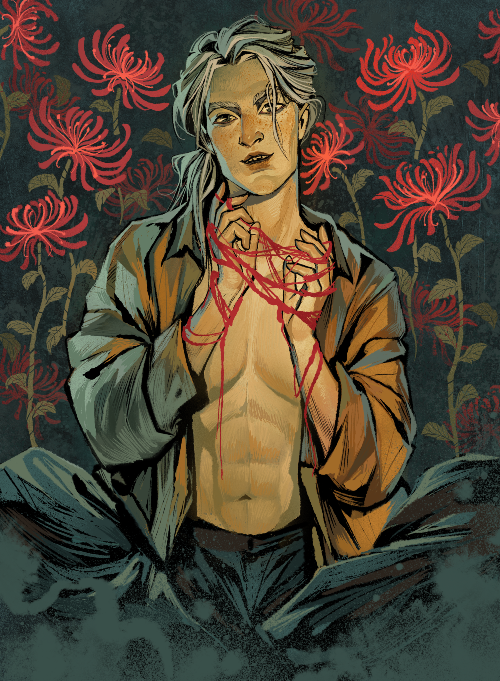 A trans man sits crossed legged with shirt open, hands tangled with red string
