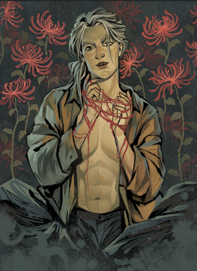 A pale trans man sits cross legged, hands tangled with red string.