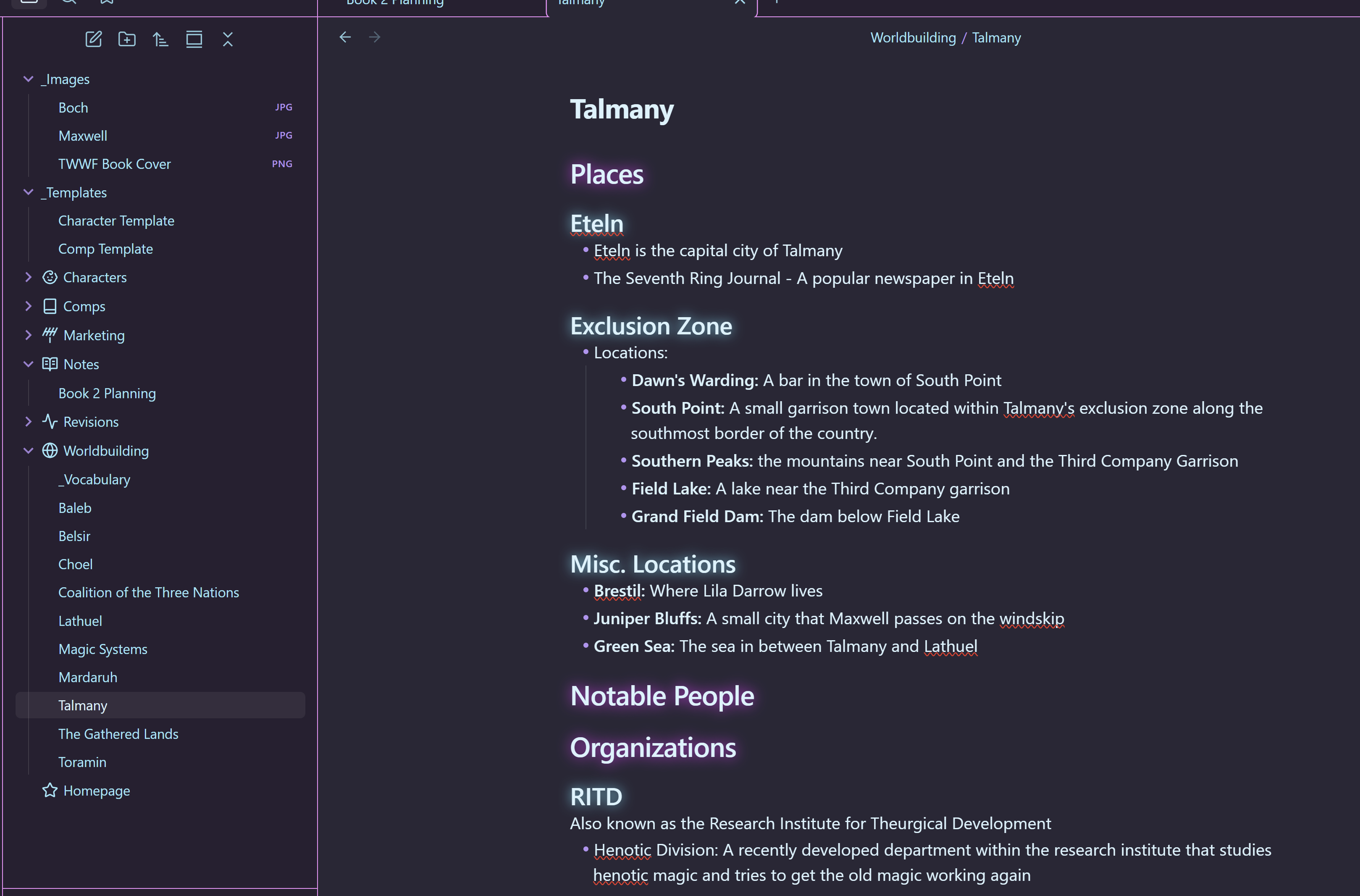 Screenshot of Obsidian showing the navigation on the left and notes screen on the right. It's displaying location notes for Talmany in the notes pane.