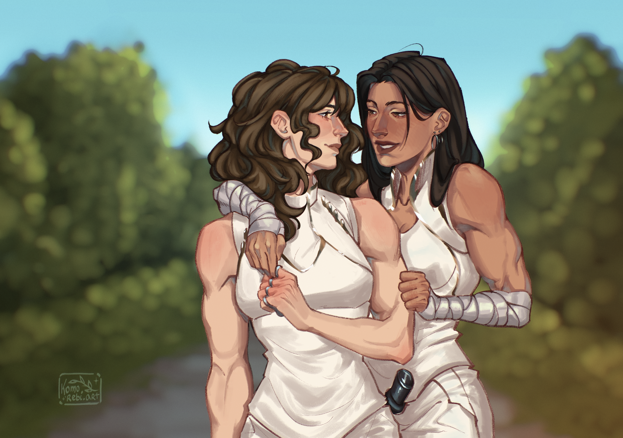 Two women in white outfits