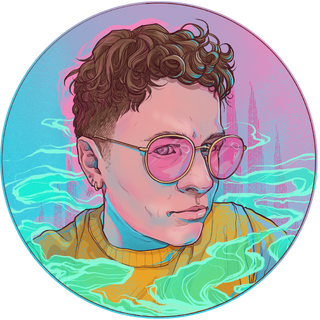 Oleander's social media illustration. They are wearing a yellow shirt and have round pink and gold glases. Their hair is curly. They are surrounded by greenish vaporwave smoke.