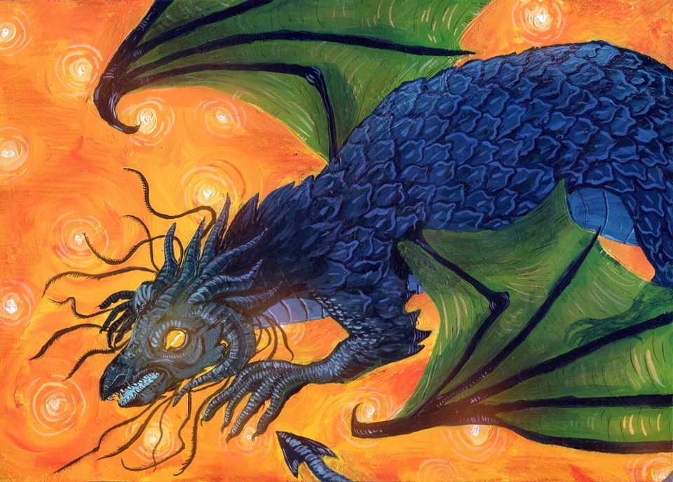 A blue and green cosmic dragon over an orange background