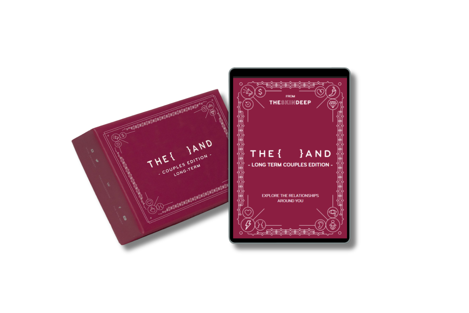 The box and a tablet showing the Long-term couples edition of {THE AND}