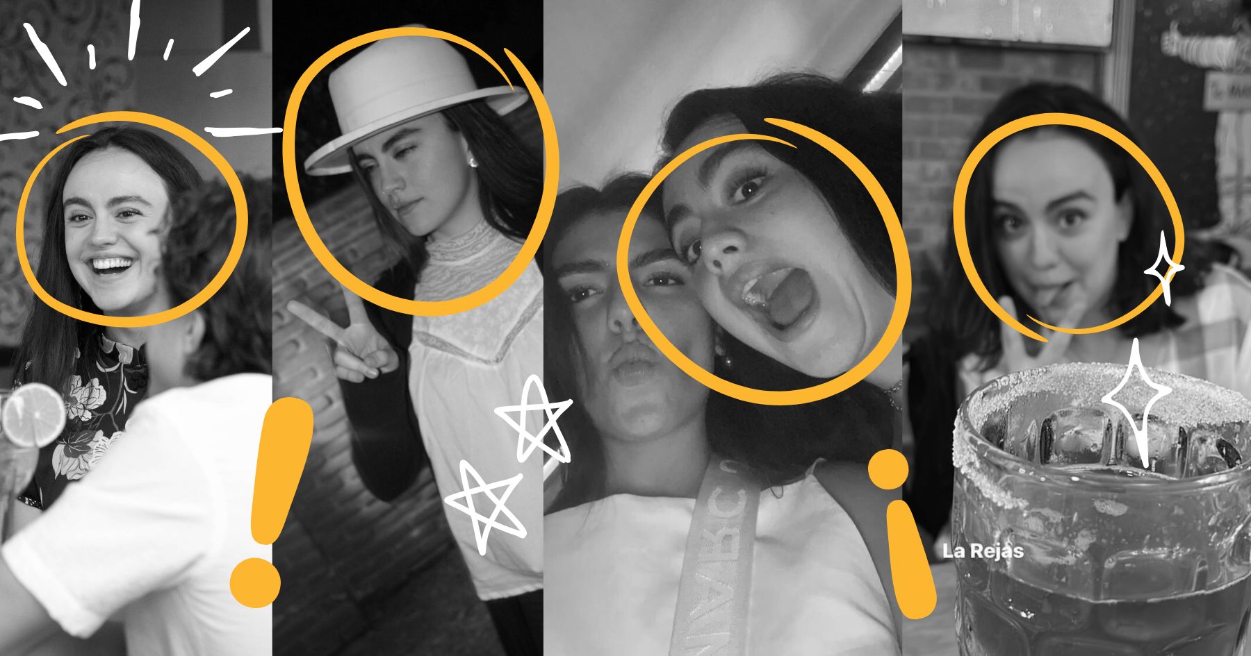 Collage pictures of latin young woman funny faces laughing and holding phone making goofy faces