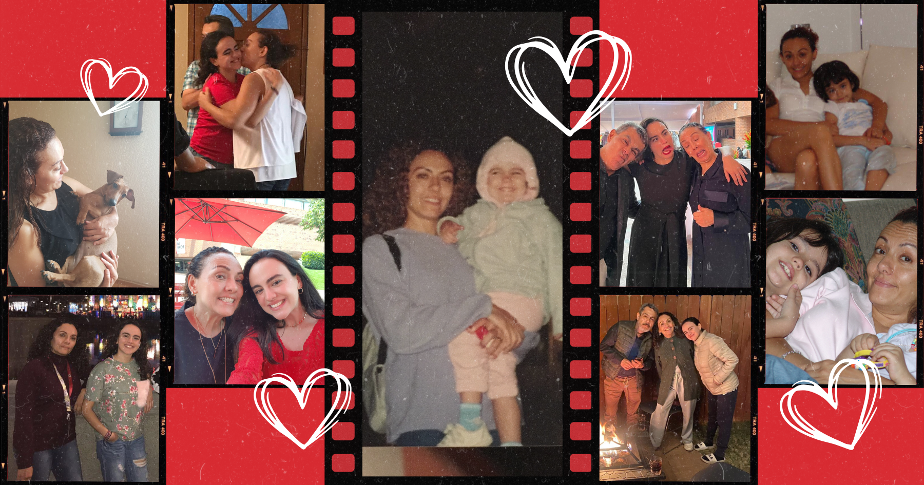 Collage film pictures of a young woman and her mother through different stages of life, childhood, teenage and young adult