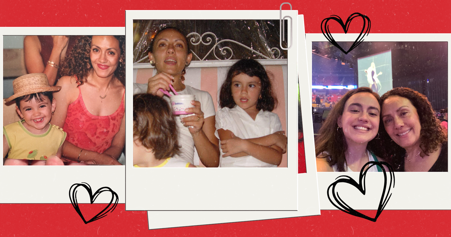 Collage polaroid pictures of a girl and her mother eating ice cream, at a wedding and a concert together