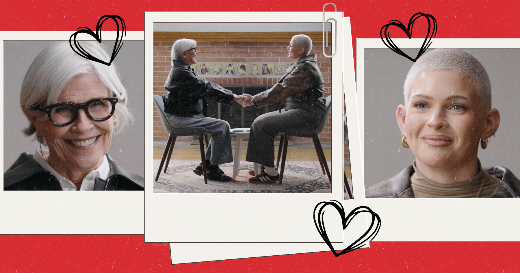 Collage polaroid pictures of a woman and her daughter face to face holding hands and smiling