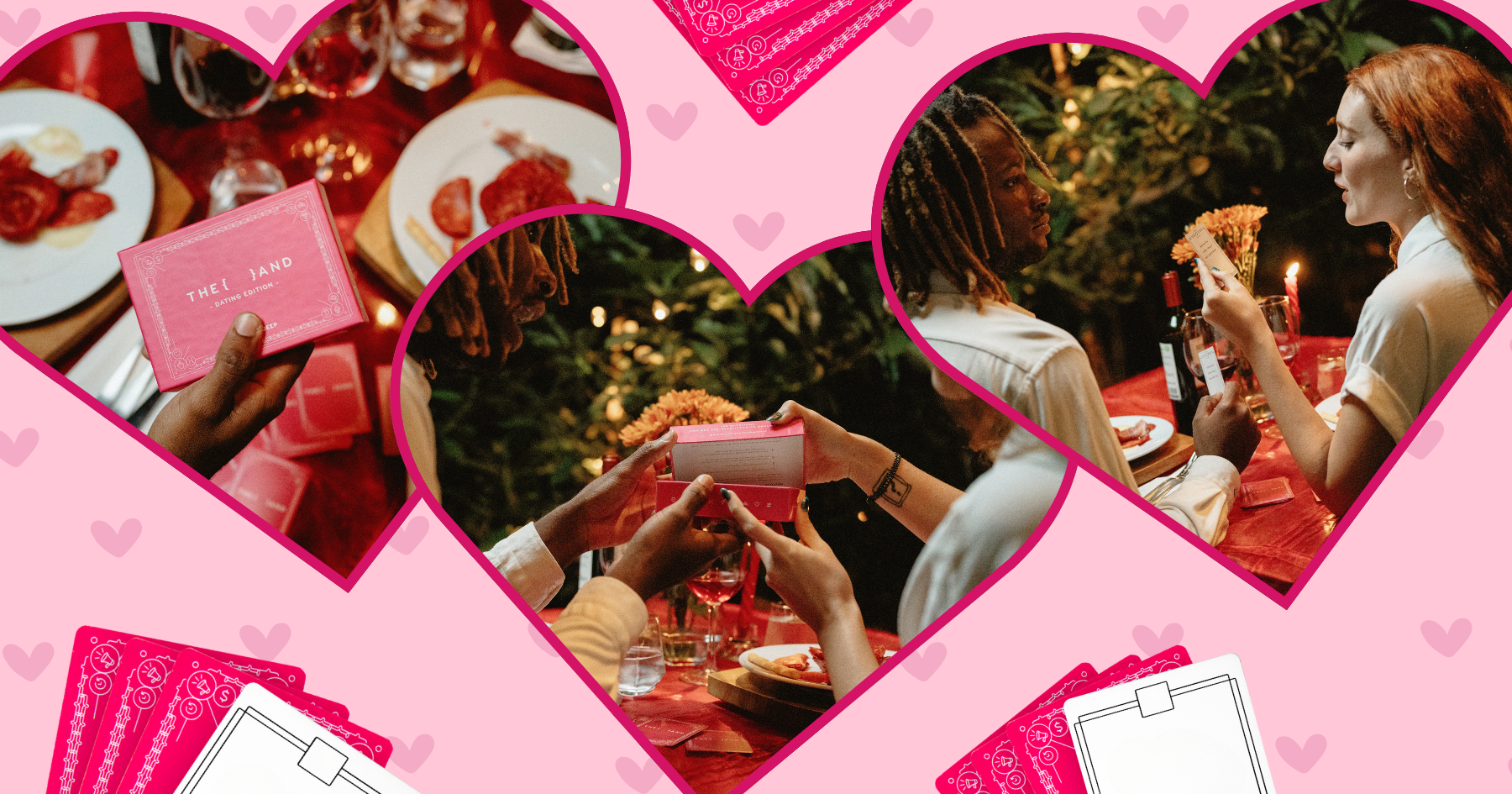 Collage of interracial couple playing dating card game {THE AND} pink