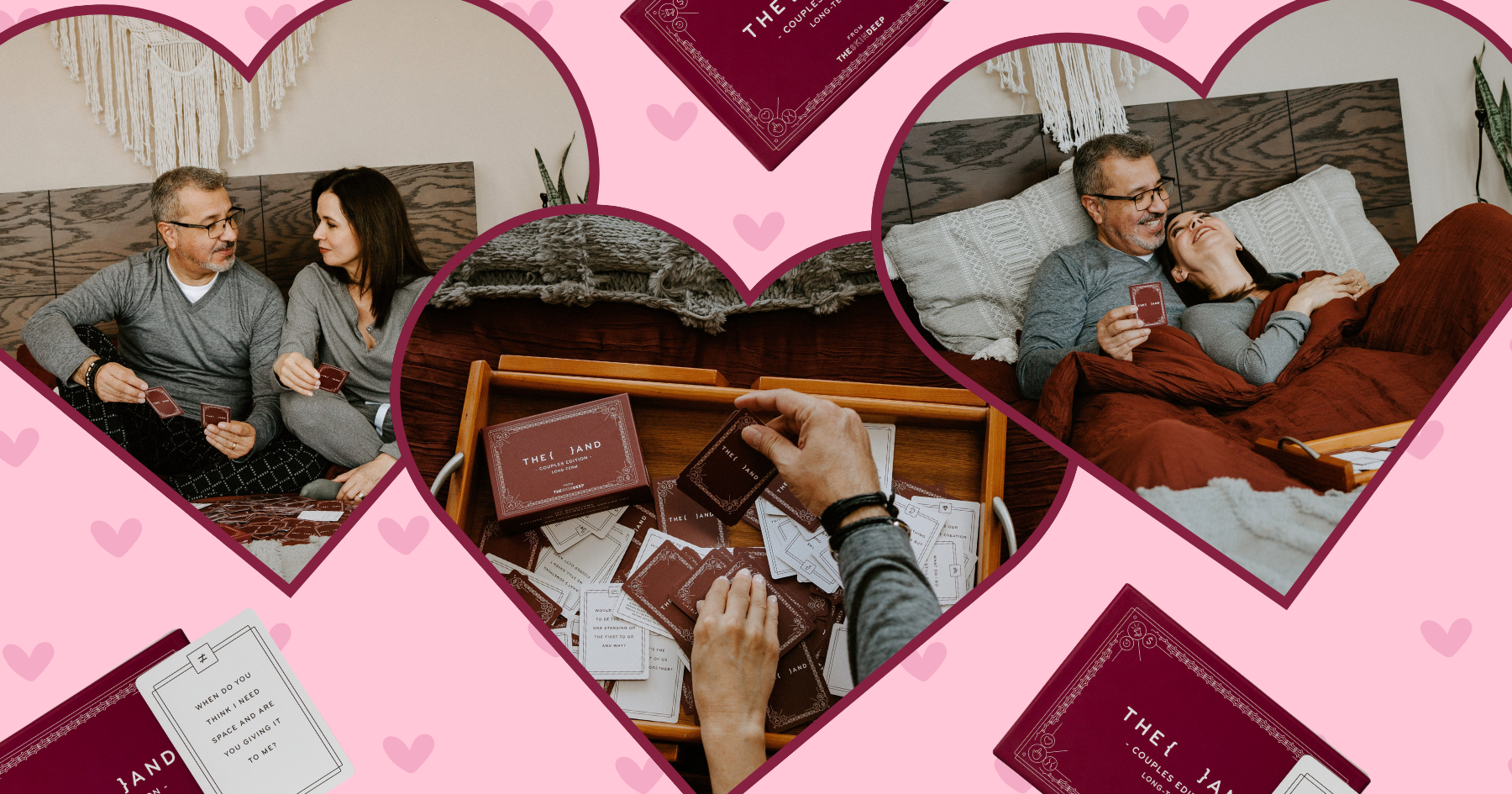 Collage of older couple laying in bed playing a card game of questions by The Skin Deep laughing under the blankets