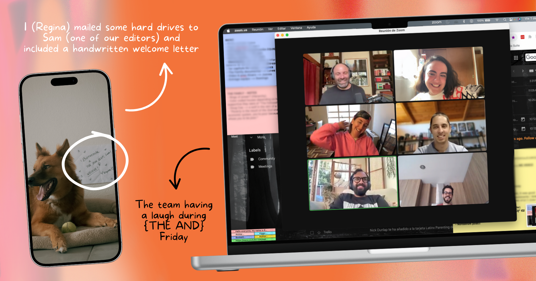 A smartphone with a picture of a cute dog, and a computer with a screenshot of a team holding a meeting on Zoom laughing and smiling
