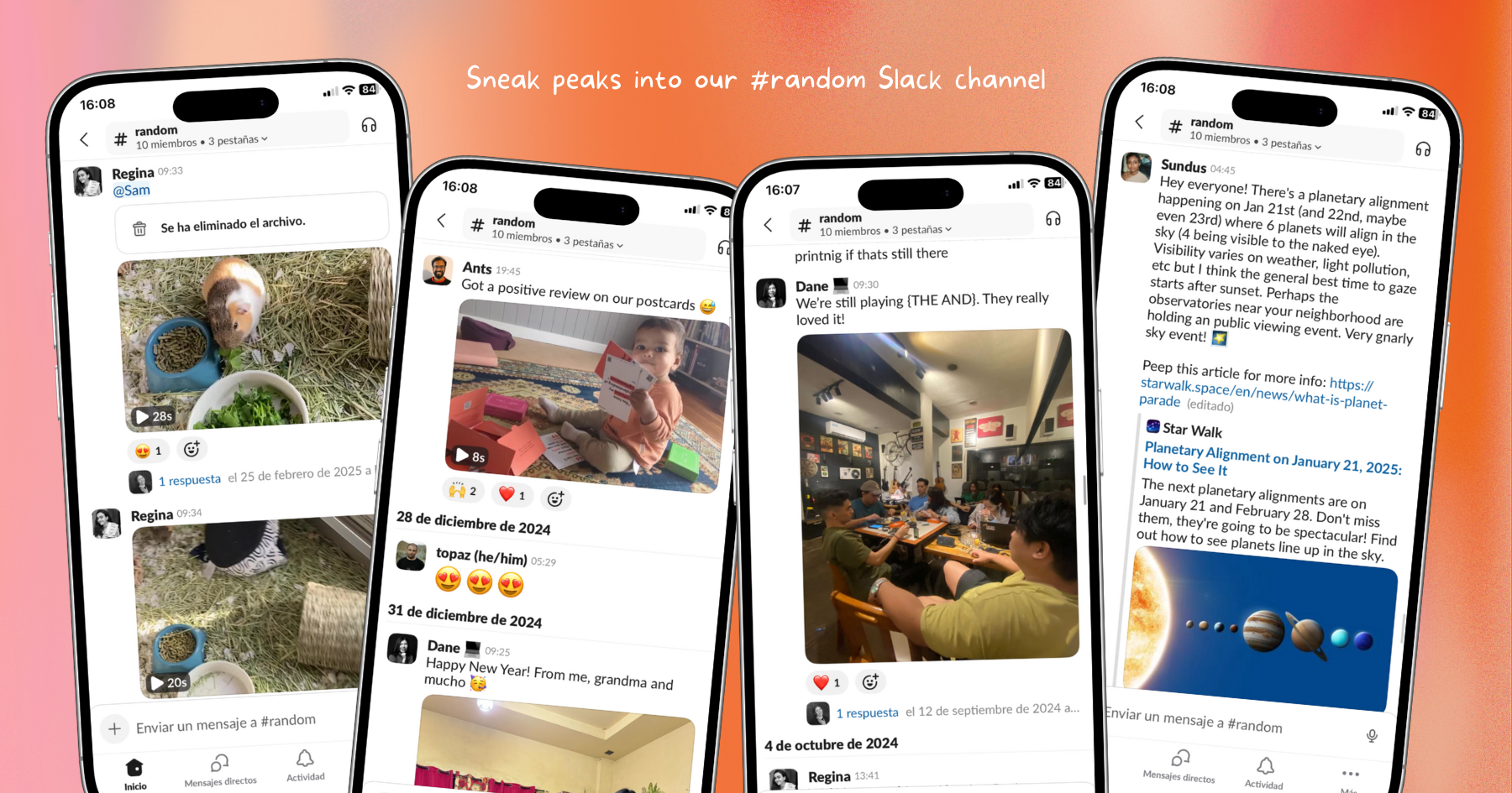 Four smartphones with screenshots of Slack messages of pets, playing a card game, and sharing pictures