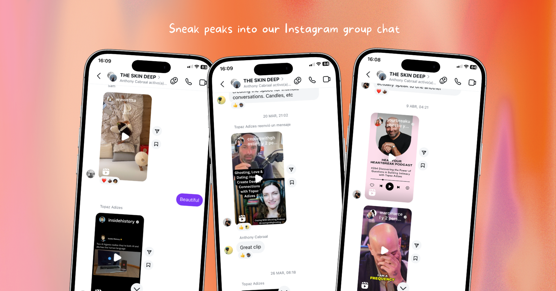 Three smartphones with screenshots of an Instagram group where people share videos and pictures