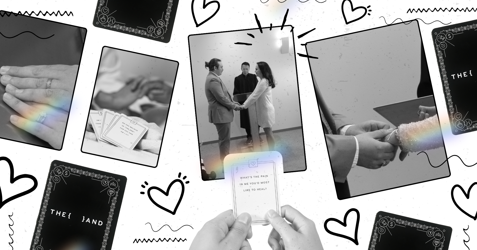 Collage of a couple getting married, their rings, card game questions and holding hands