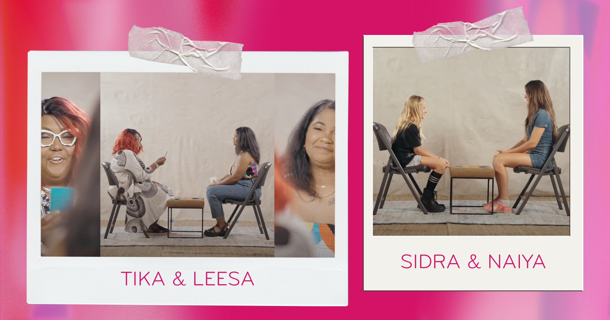 Polaroid pictures of mother and daughter holding hands and having a conversation playing a card game smiling