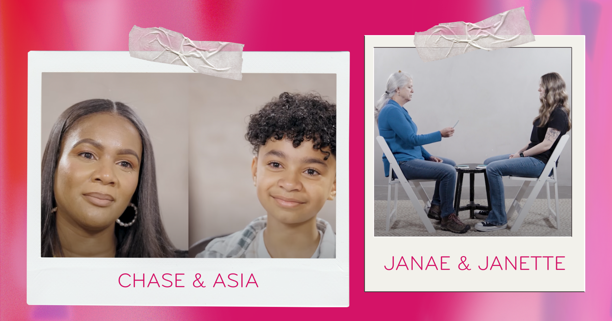Polaroid pictures of mother and daughter & mother and son having a conversation playing a card game smiling emotional
