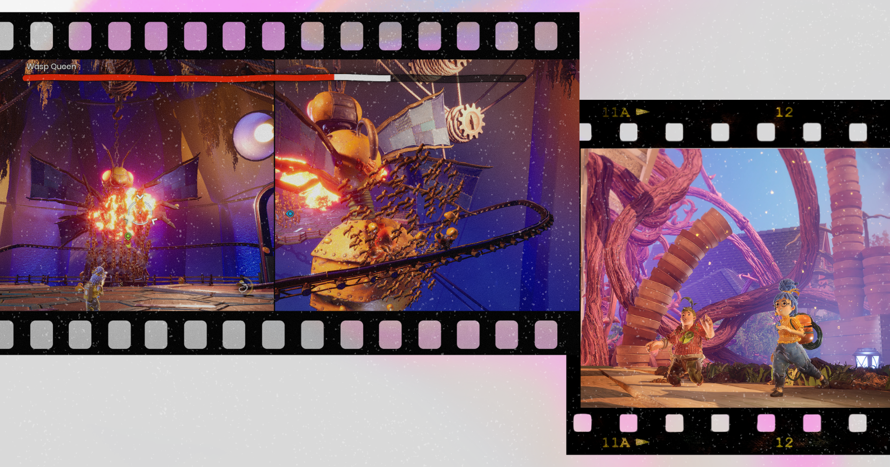  Film collage of video game It Takes Two, Bee boss fight
