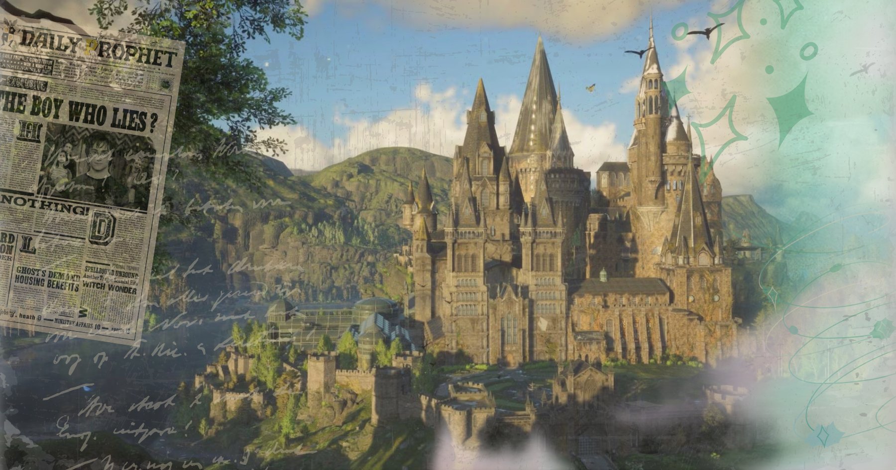 A collage of Harry Potter elements, Hogwarts castle, the Daily Prophet newspaper, and letters