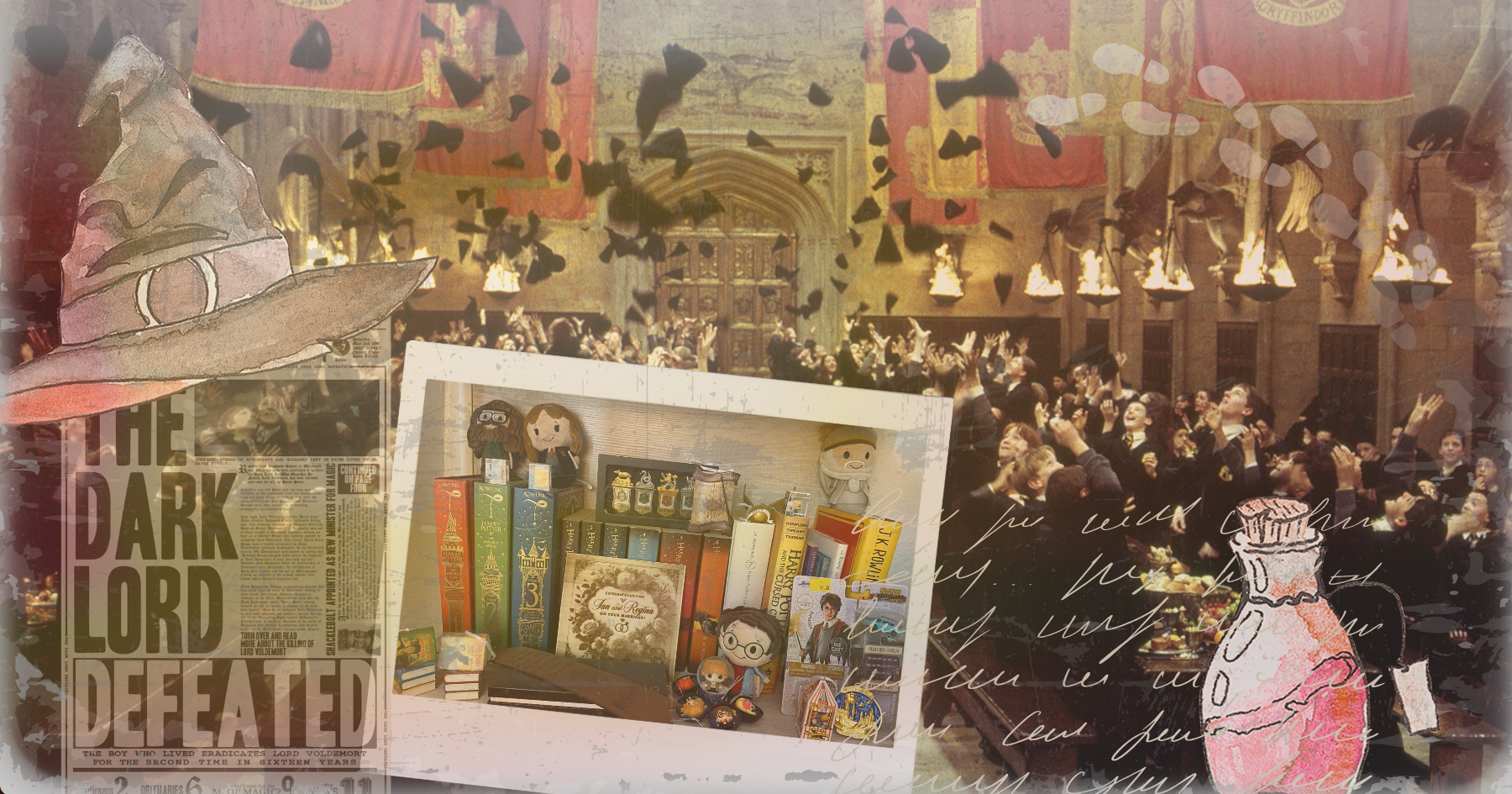 A collage of Harry Potter elements, the Great Hall, the Daily Prophet newspaper, potions, books, and the sorting hat