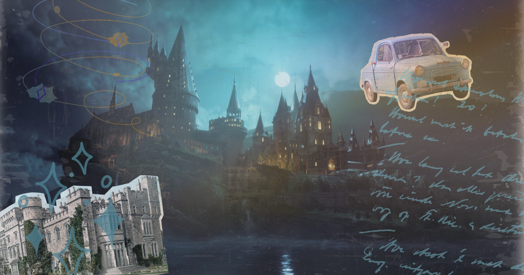 A collage of Harry Potter elements, Hogwarts castle and the flying car