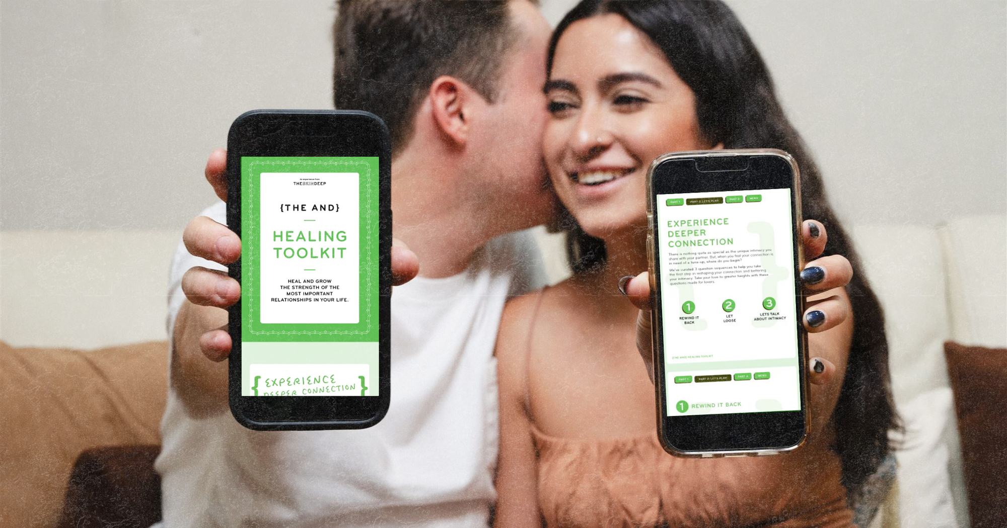 Picture of a couple kissing and whispering holding two iPhones with a card game for conversation and relationship advice