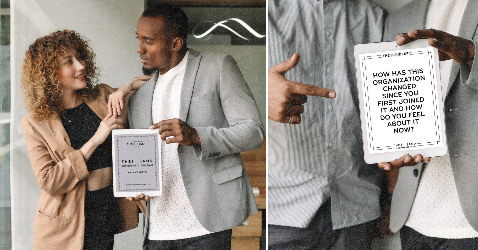 Pictures of coworkers smiling and holding an iPad with a question card game for the work environment