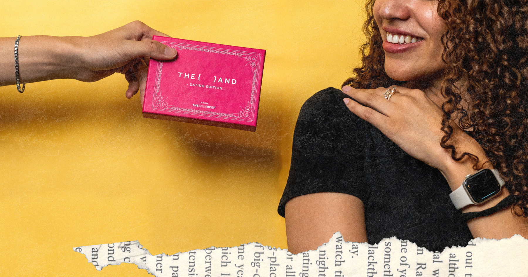 Picture of a hand holding a card game for dating and a curly hair girl smiling wearing a smart watch
