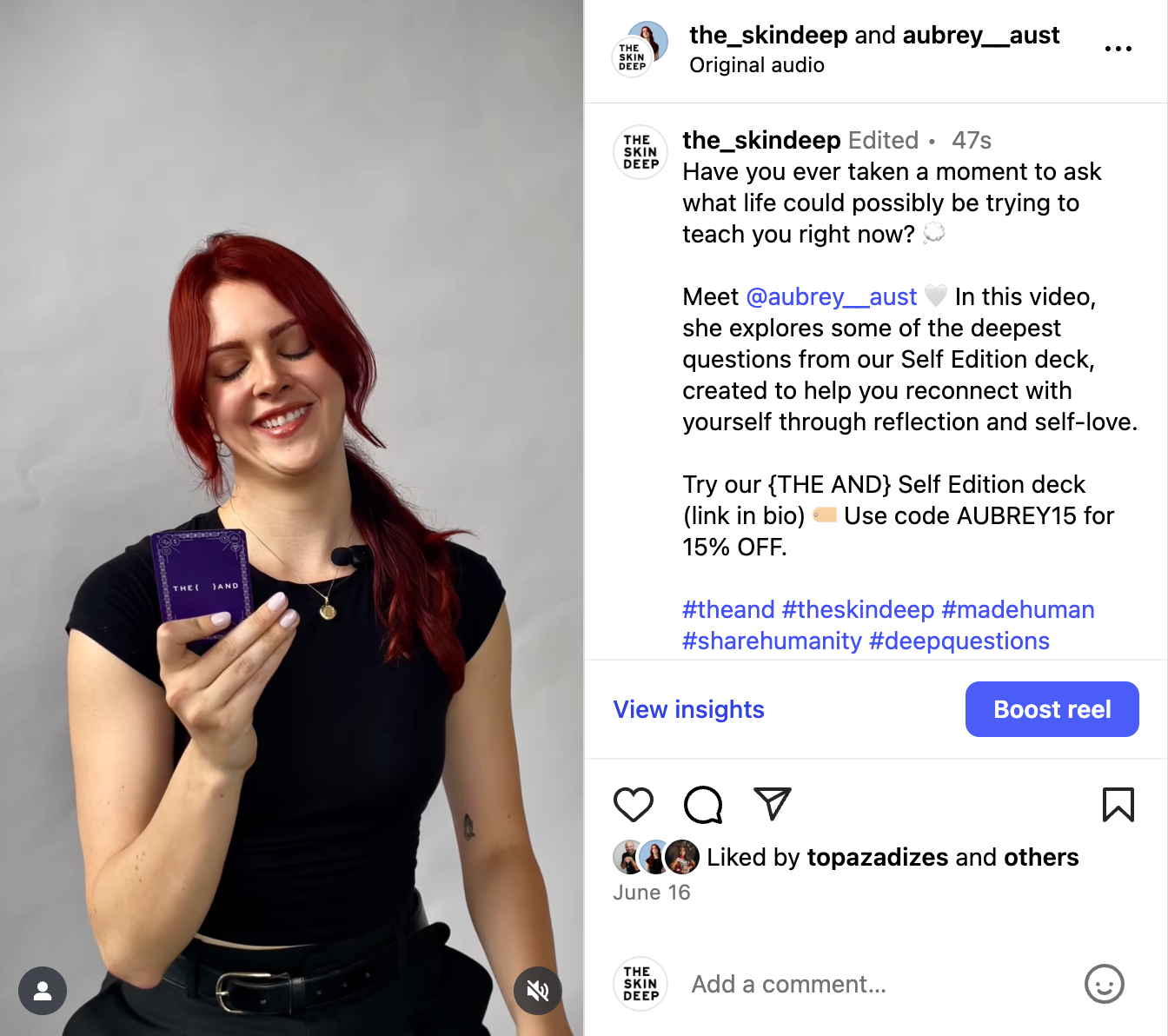 Aubrey Aust smiles while holding the {THE AND} Self Edition deck in a collaborative Instagram post with The Skin Deep