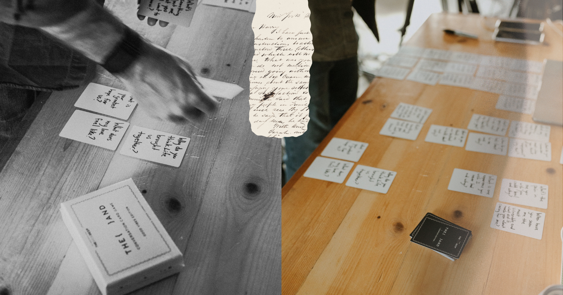 Picture of question cards on a wooden table and their card game case