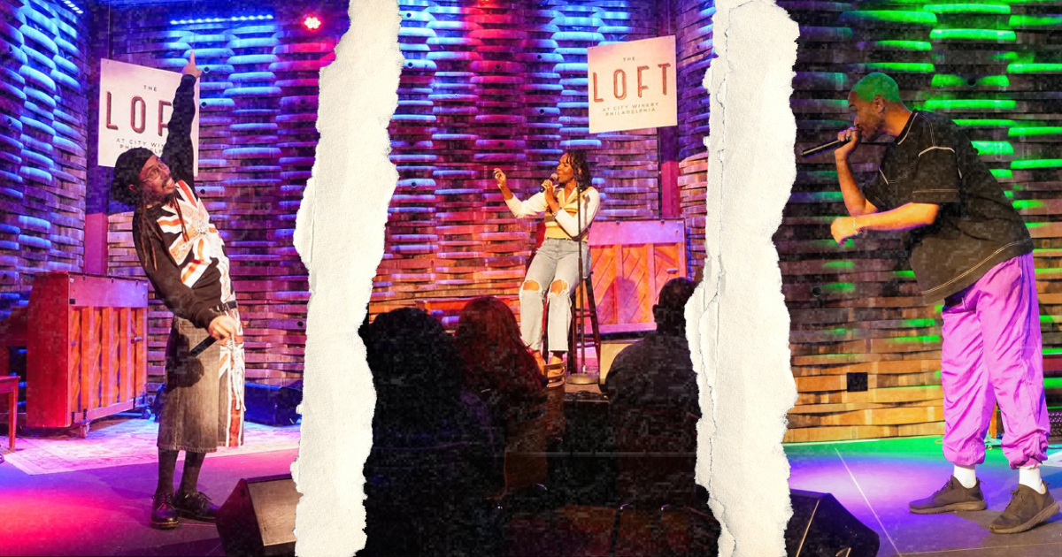 Three-panel collage showing performers at a Magiccal Moments event with vibrant purple, blue, and pink lighting against a wooden backdrop. Left: Nate Joël with green hair holding a microphone, center: A'LAHN seated performing, right: Tawobi with arm raised, audience silhouettes visible in foreground