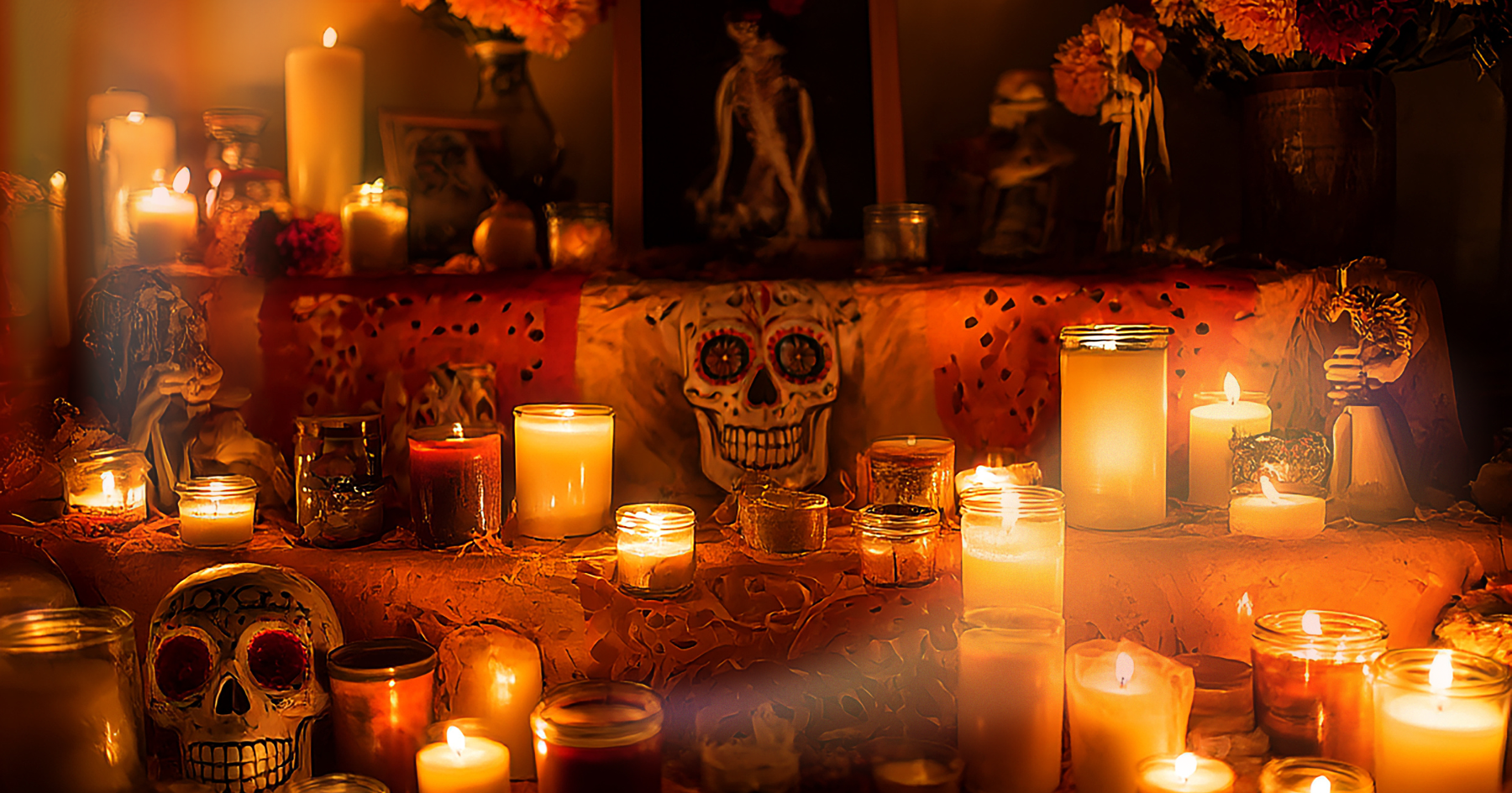 Picture of an ofrenda on Dau of the dead, lit candles, sugar skulls, papel picado and pictures