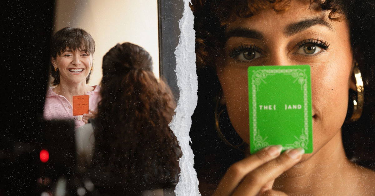 Split image showing Alyson Stoner holding the {THE AND} Friends Edition card during a conversation, and Shan Boodram holding a {THE AND} card from the Healing Edition while facing the camera.