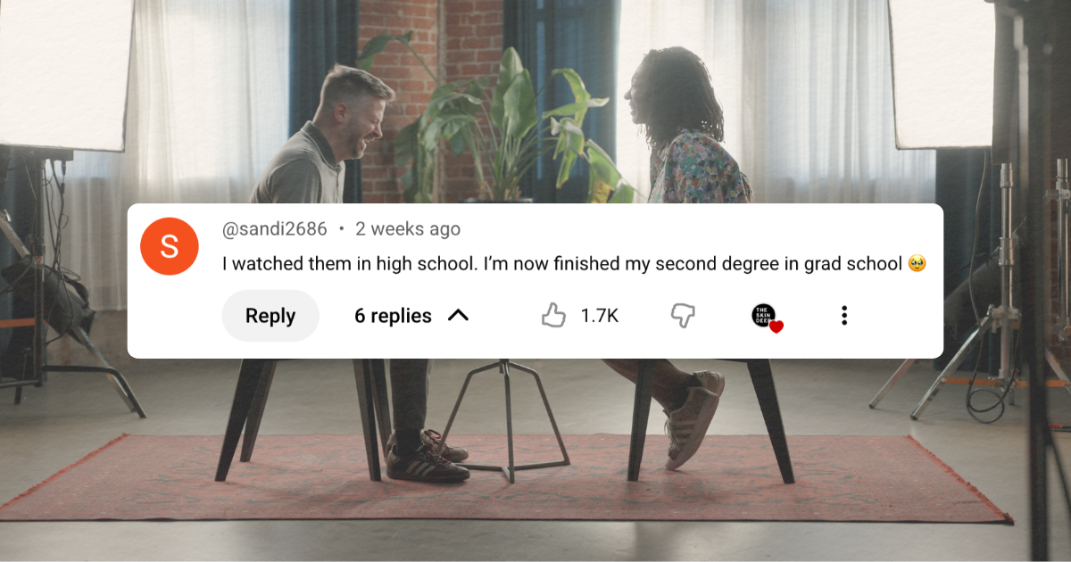 Keisha and Andrew sitting across from each other during their {THE AND} conversation, with a community comment overlay reading "I watched them in high school. I'm now finished my second degree in grad school.