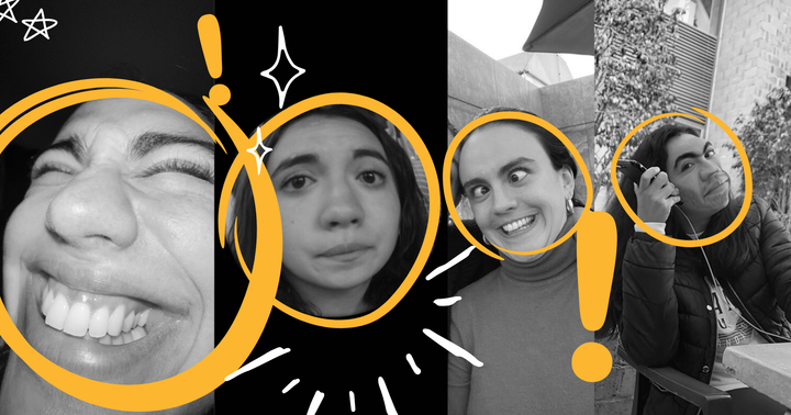 Collage pictures of latin young woman funny faces laughing and holding phone making goofy faces