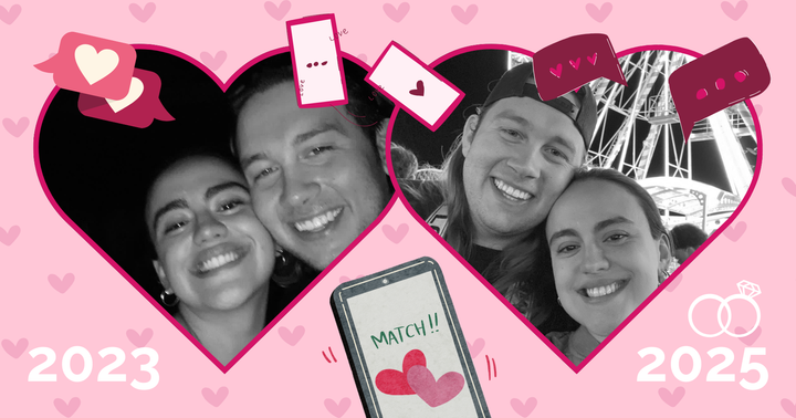 Collage with hearts of young couple in black and white dating and married