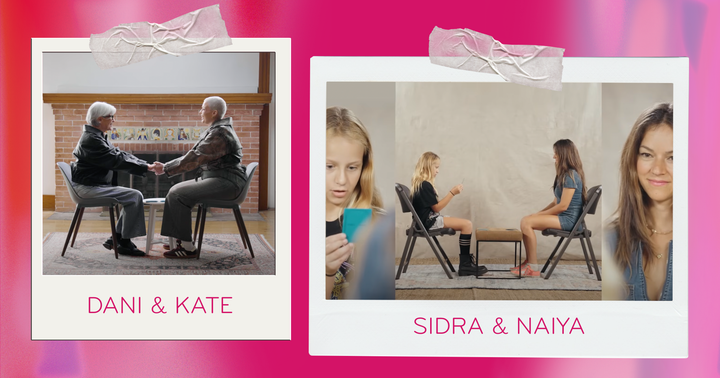 Polaroid pictures of mother and daughter holding hands and having a conversation playing a card game smiling