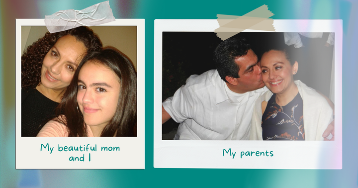 Polaroid family pictures of a girl and her mom and a married couple kissing and smiling