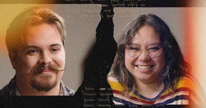 Image of a couple sitting face to face and smiling at each other, she wears glasses and he has a mustache