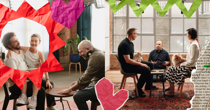 Collage pictures of people sitting in front of a table and playing a card game, laughing and holding their dogs