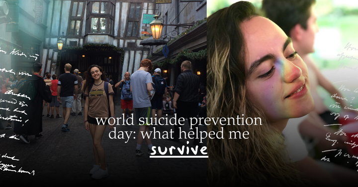 Collage pictures of a woman at the Wizarding World of Harry Potter and smiling with a rainbow on her face