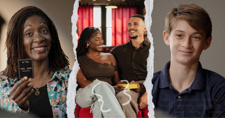 Collage of three images from January's {THE AND} conversations: Keisha holding a card deck on the left, Nandi and Connor embracing in the center, and Adrian on the right.