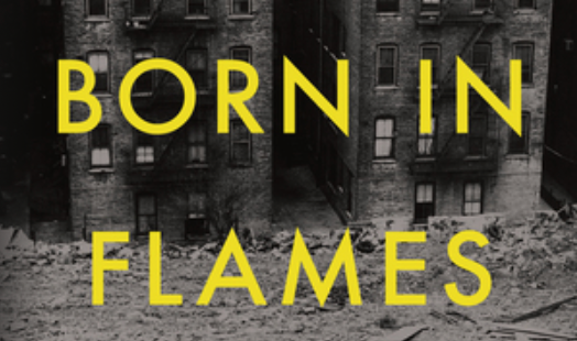 cropped image from a book cover of burned out buildings and rubble with yellow text BORN IN FLAMES on top of it
