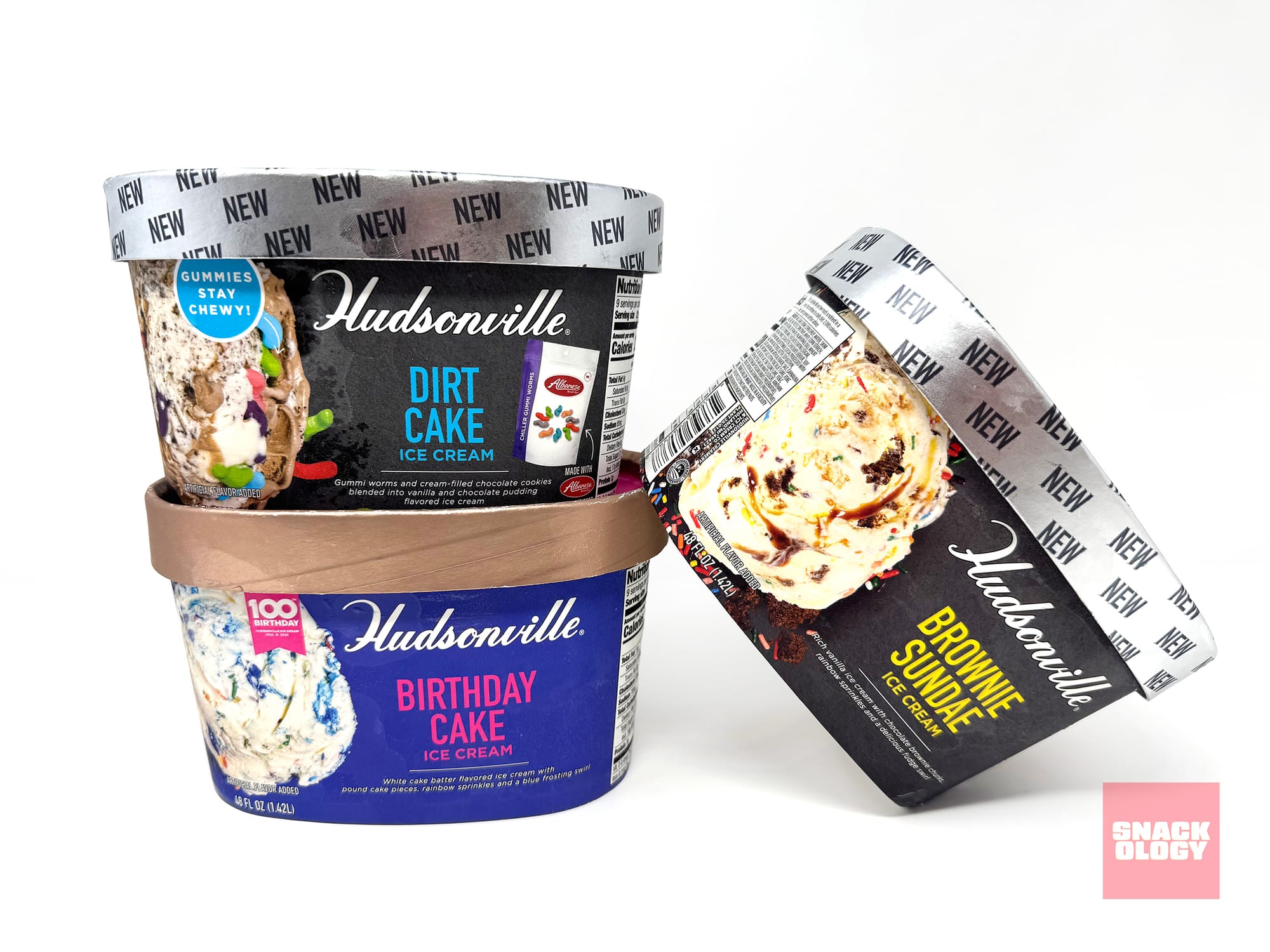 Hudsonville Dirt Cake Ice Cream, Hudsonville Birthday Cake Ice Cream and Hudsonville Brownie Sundae Ice Cream