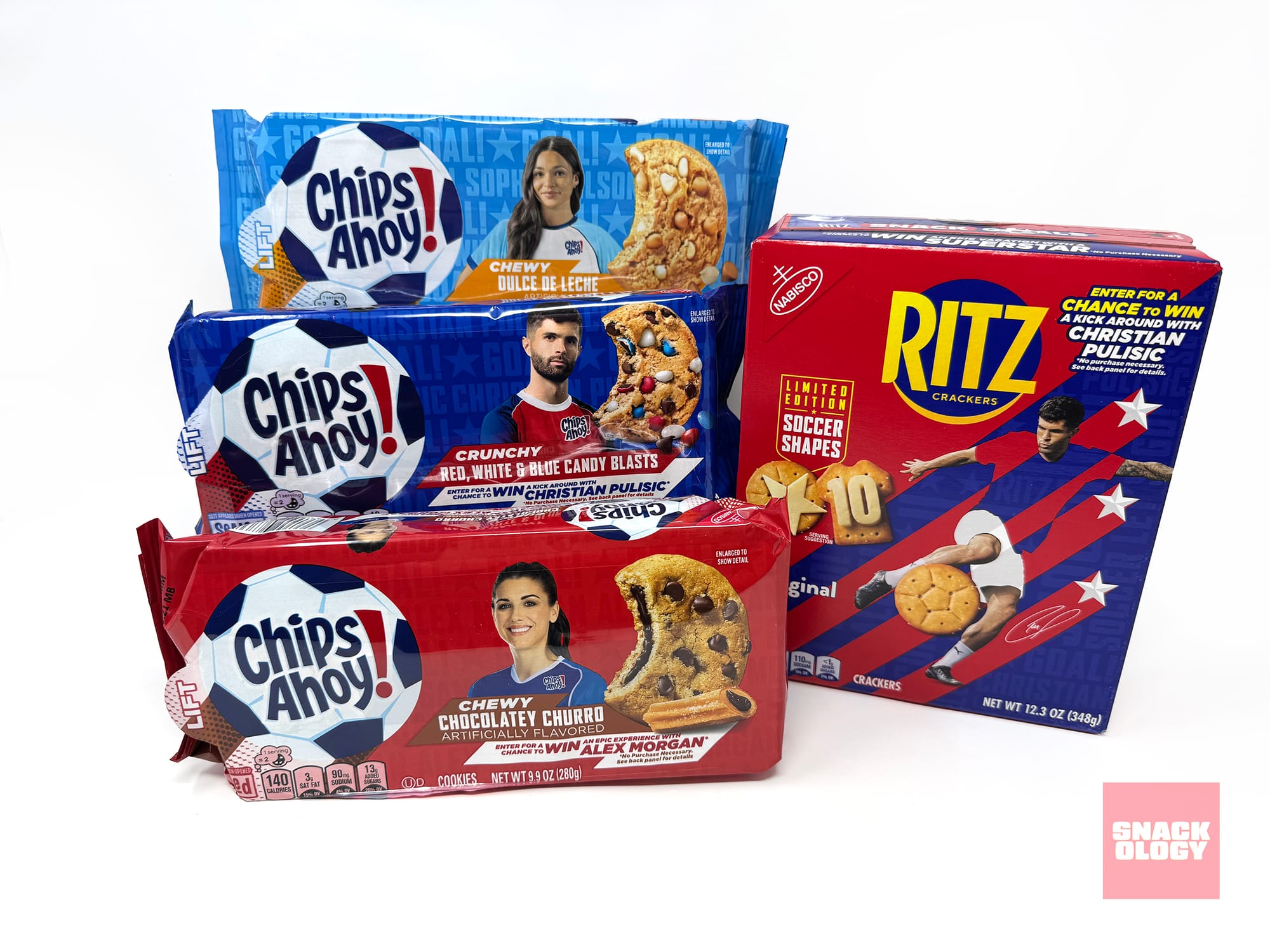 Chips Ahoy! Chewy Dulce De Leche, Chips Ahoy! Crunchy Red, White & Blue Candy Blasts, Chips Ahoy! Chewy Chocolatey Churro and Ritz Cracker Soccer Shapes