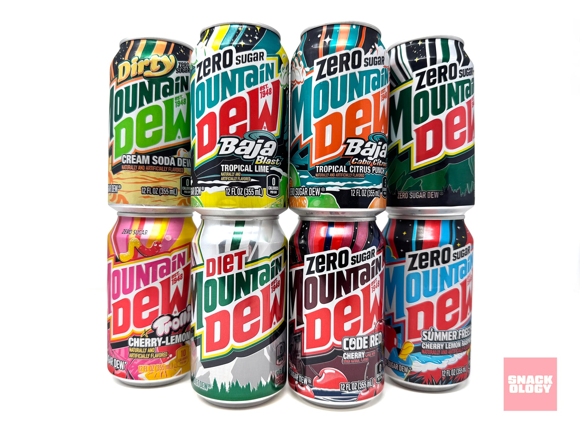 Seven different flavors of zero sugar Mountain Dew in a stack